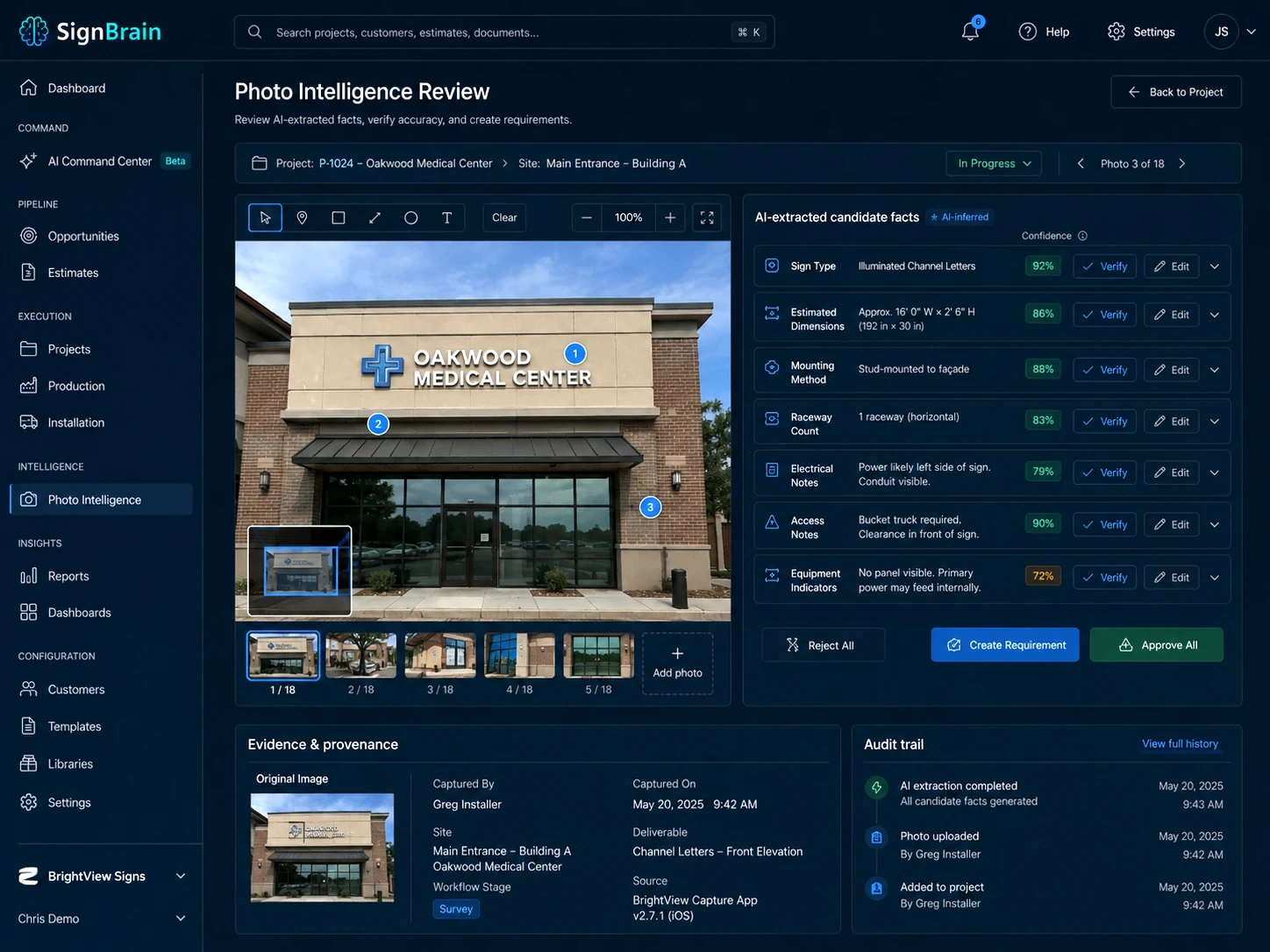 Example SignBrain photo intelligence review screenshot for sign survey and AI-extracted candidate facts